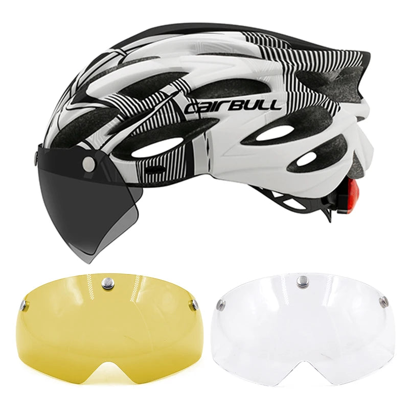 Cycling helmet with LED light and visor.