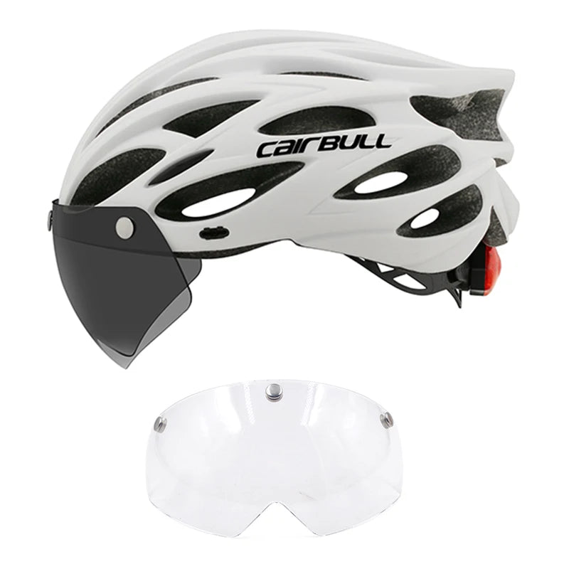 Cycling helmet with LED light and visor.