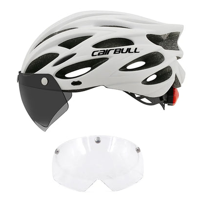 Cycling helmet with LED light and visor.