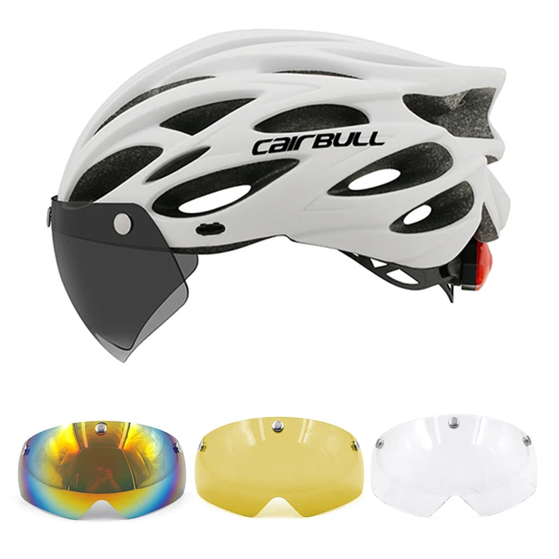 Cycling helmet with LED light and visor.