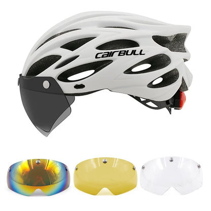 Cycling helmet with LED light and visor.