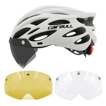 Cycling helmet with LED light and visor.