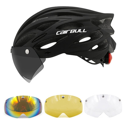 Cycling helmet with LED light and visor.