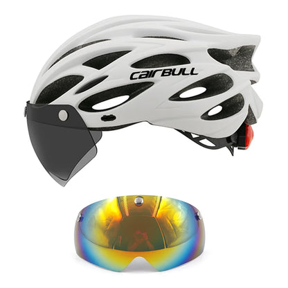 Cycling helmet with LED light and visor.
