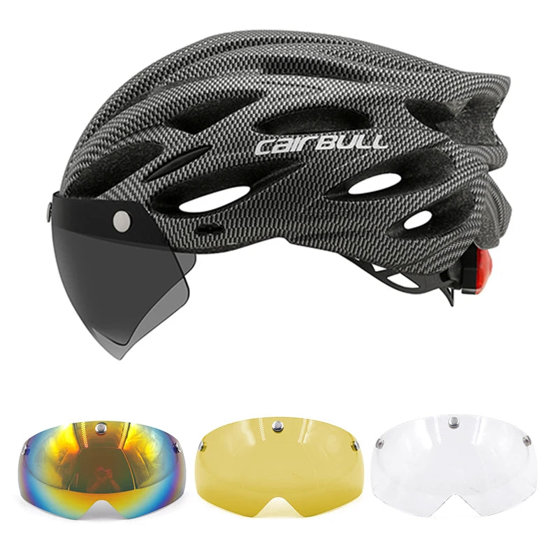 Cycling helmet with LED light and visor.