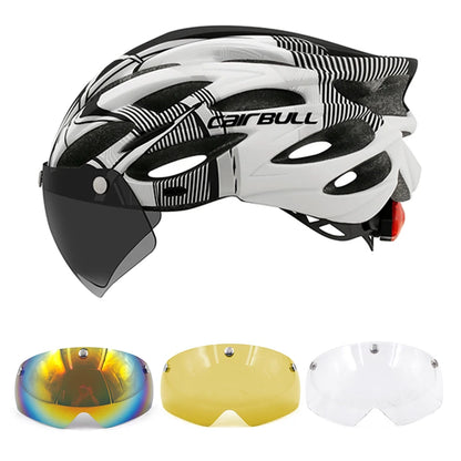 Cycling helmet with LED light and visor.