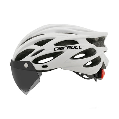Cycling helmet with LED light and visor.