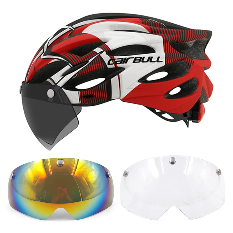 Cycling helmet with LED light and visor.