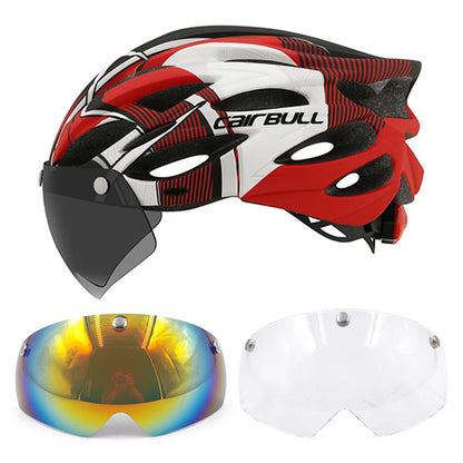 Cycling helmet with LED light and visor.