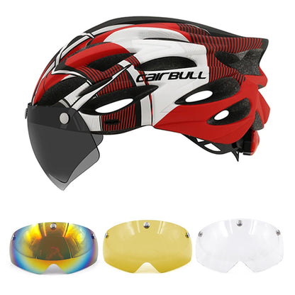 Cycling helmet with LED light and visor.