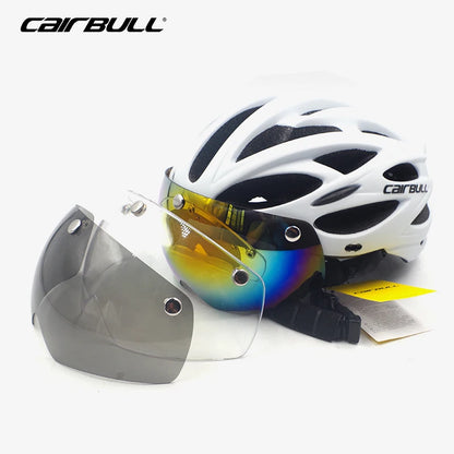 Cycling helmet with LED light and visor.