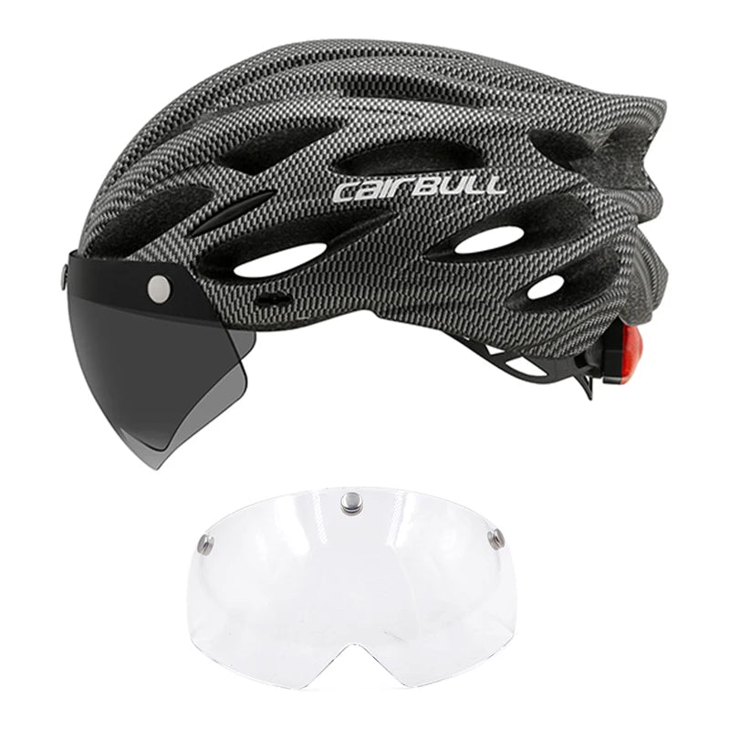 Cycling helmet with LED light and visor.