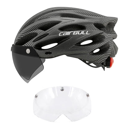 Cycling helmet with LED light and visor.