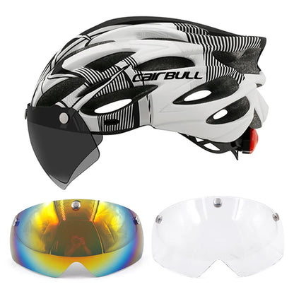 Cycling helmet with LED light and visor.