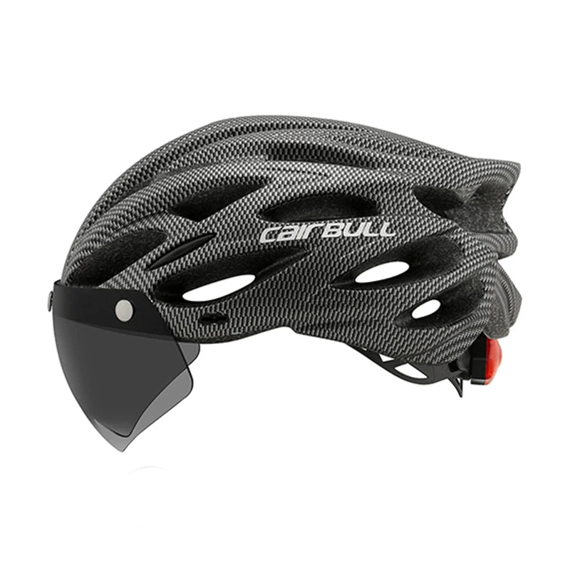 Cycling helmet with LED light and visor.