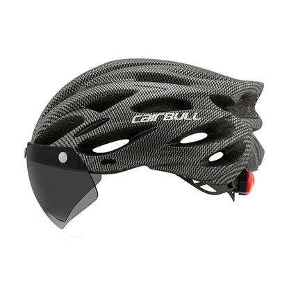Cycling helmet with LED light and visor.