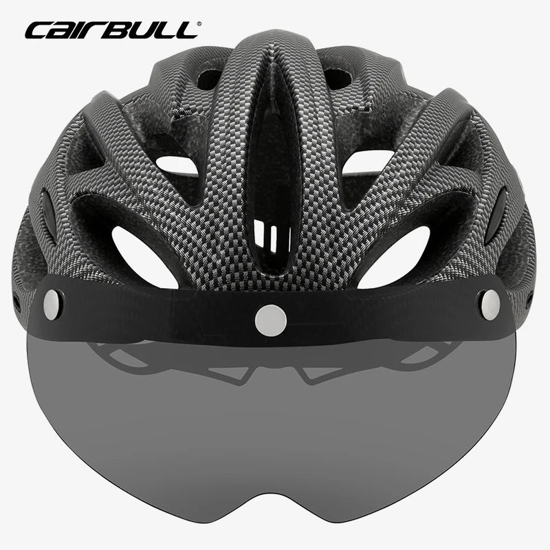 Cycling helmet with LED light and visor.