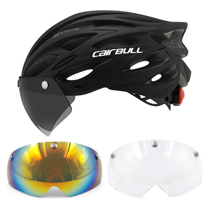Cycling helmet with LED light and visor.