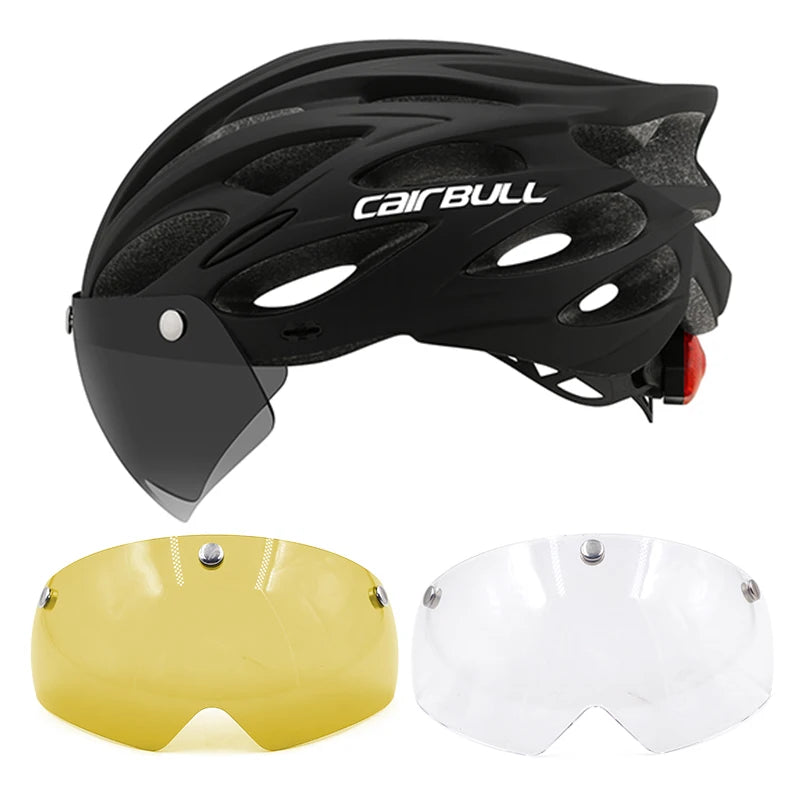Cycling helmet with LED light and visor.