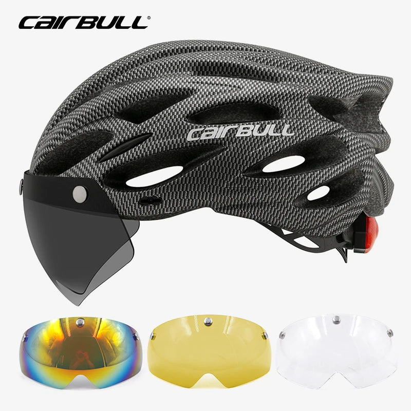 Cycling helmet with LED light and visor.