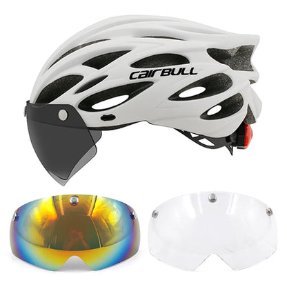 Cycling helmet with LED light and visor.