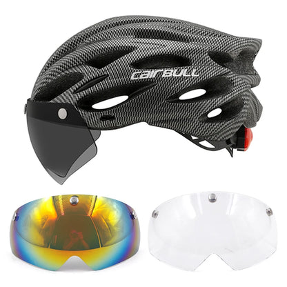 Cycling helmet with LED light and visor.