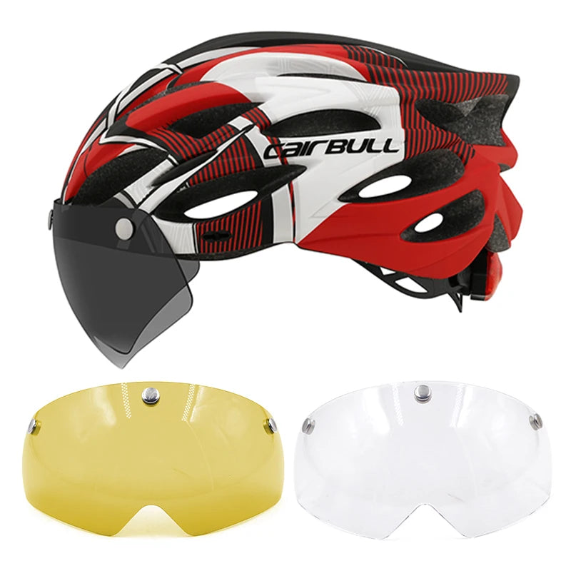 Cycling helmet with LED light and visor.