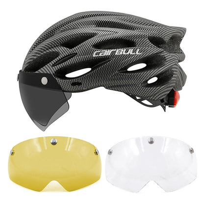 Cycling helmet with LED light and visor.