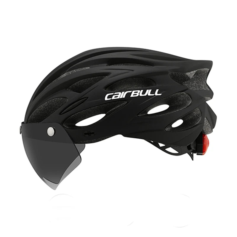 Cycling helmet with LED light and visor.