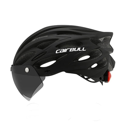 Cycling helmet with LED light and visor.