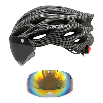 Cycling helmet with LED light and visor.