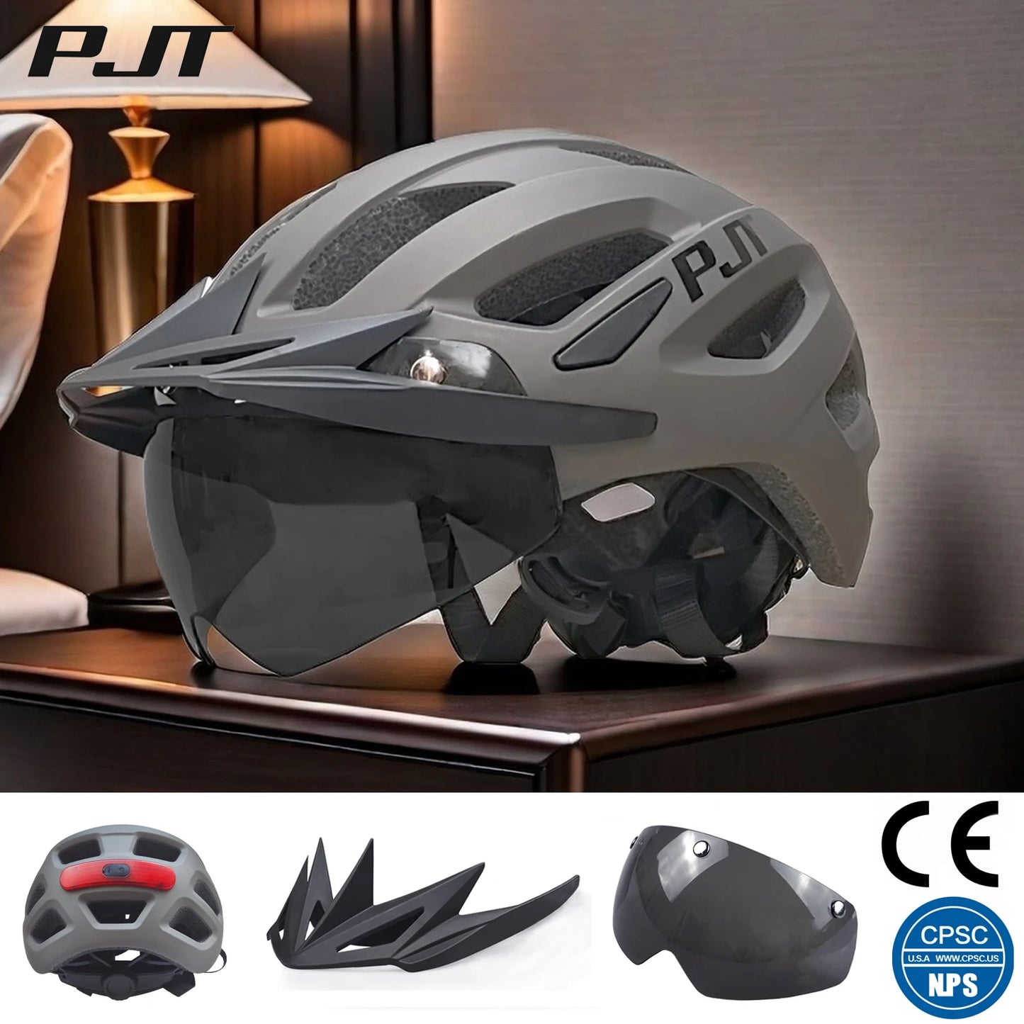 PJT Cycling Helmet with Rechargeable LED and Sun Visor